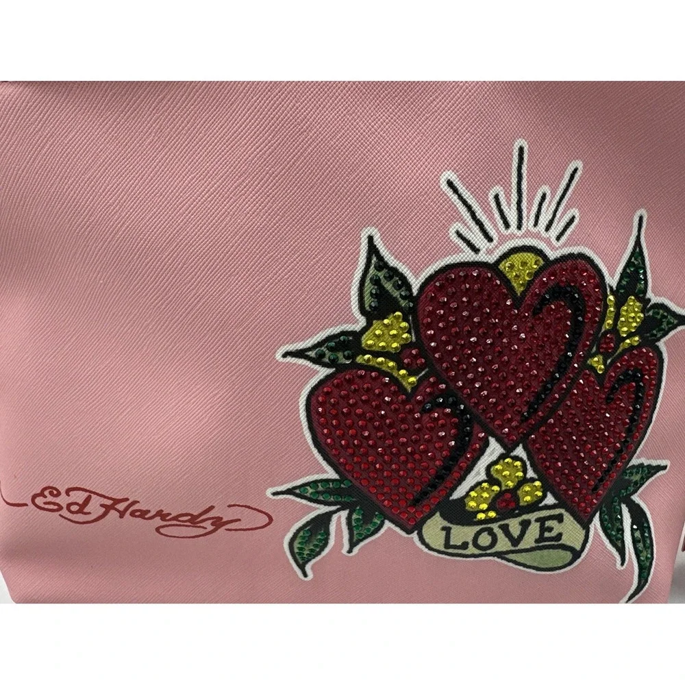 ED HARDY Makeup Bag PVC Toiletry Case Zip Rhinestone Heart Tattoo Love Pink NWT